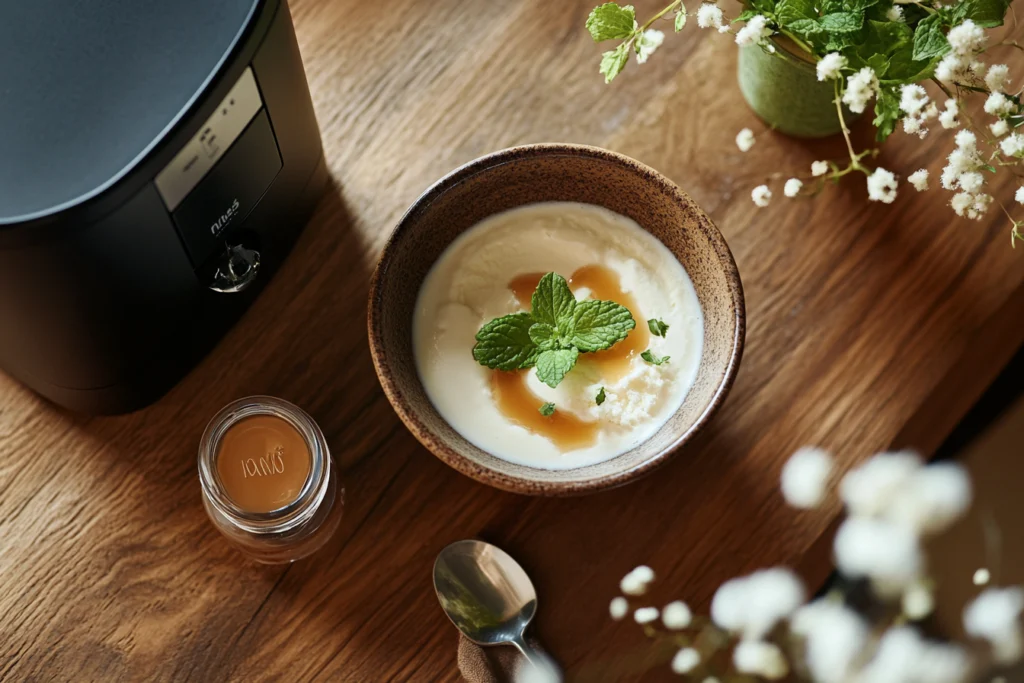 Close-up of creamy vanilla ice cream made with the Ninja Creami, garnished with fresh mint leaves and a drizzle of caramel, served in a ceramic bowl.