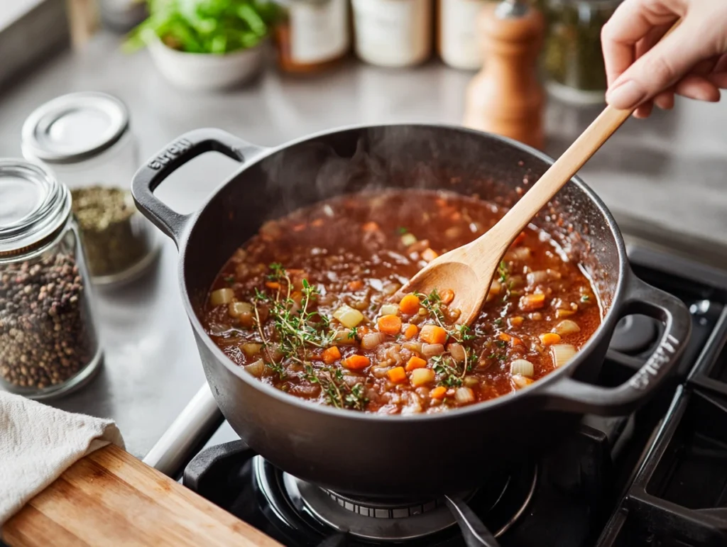 "Mirepoix and tomato paste sautéing in a Dutch oven, deglazed with red wine, with fresh thyme on a cutting board."