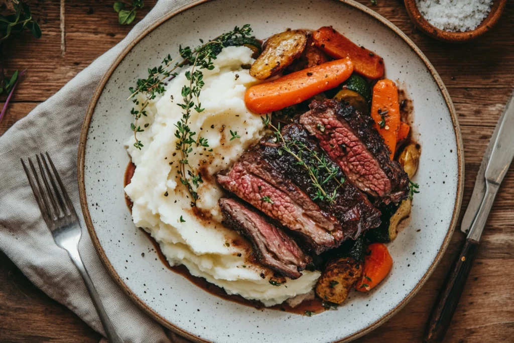 "Close-up of boneless beef short ribs served with mashed potatoes, roasted vegetables, and thyme, plated on a rustic table."