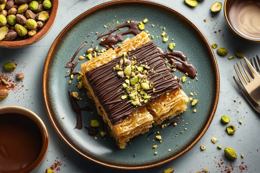 "Close-up of a Dubai Chocolate Bar with crispy kataifi pastry, pistachio cream filling, and a glossy chocolate shell, drizzled with white chocolate and garnished with pistachios."