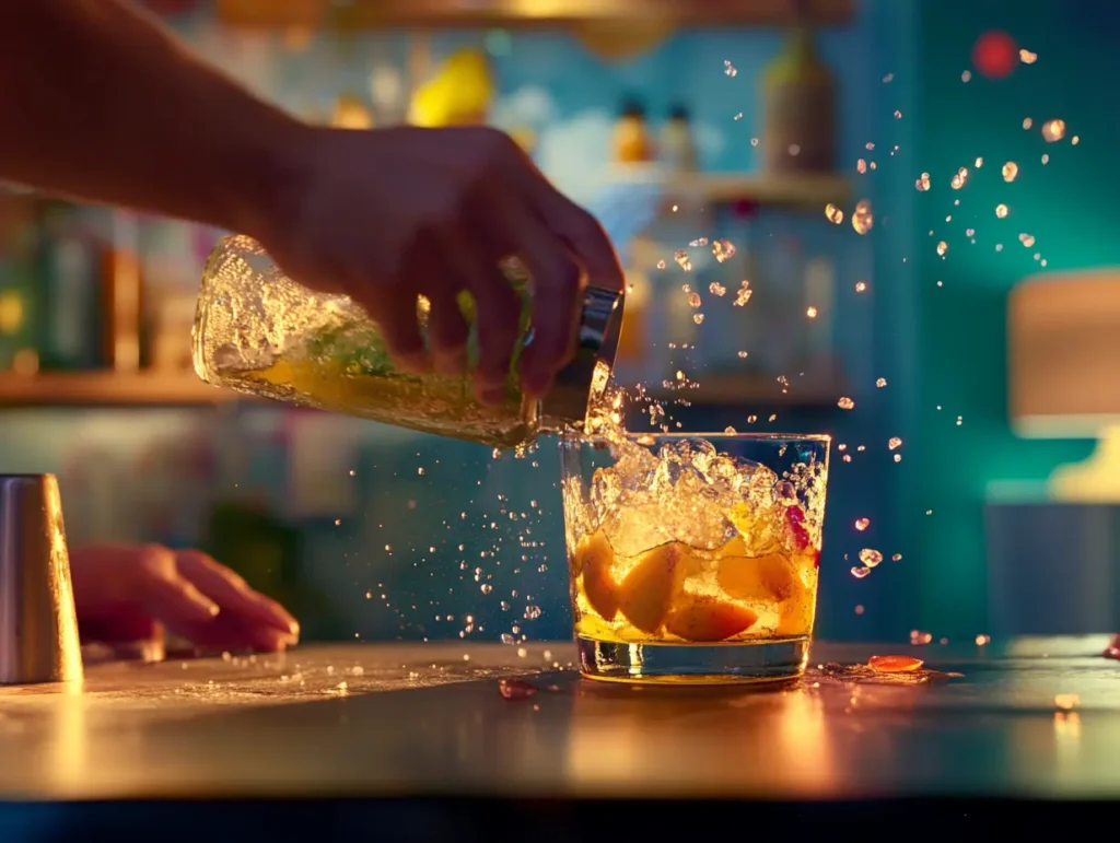 "Bartender shaking a cocktail shaker with ingredients for a Green Tea Shot, preparing the shot in a stylish home bar."