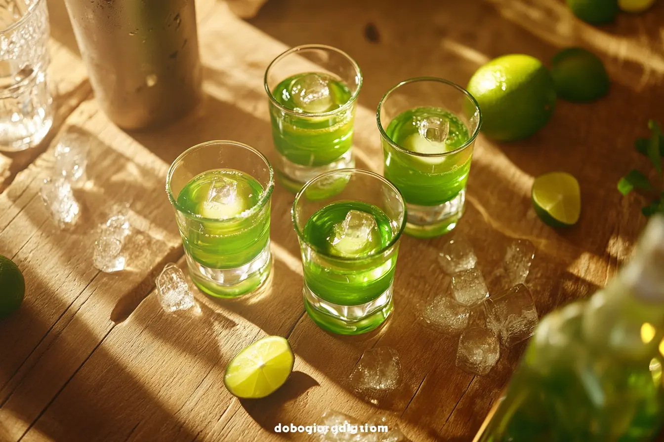 "Green Tea Shots served on a bar counter with lime garnish, ice, and a splash of Sprite for added fizz."