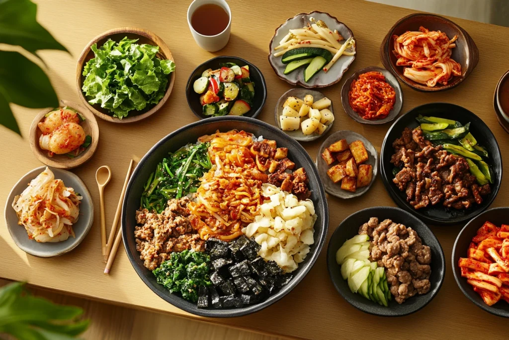 A Colorful Spread of Korean Dishes – Bibimbap, Bulogi, Kimchi, Tteokbokki