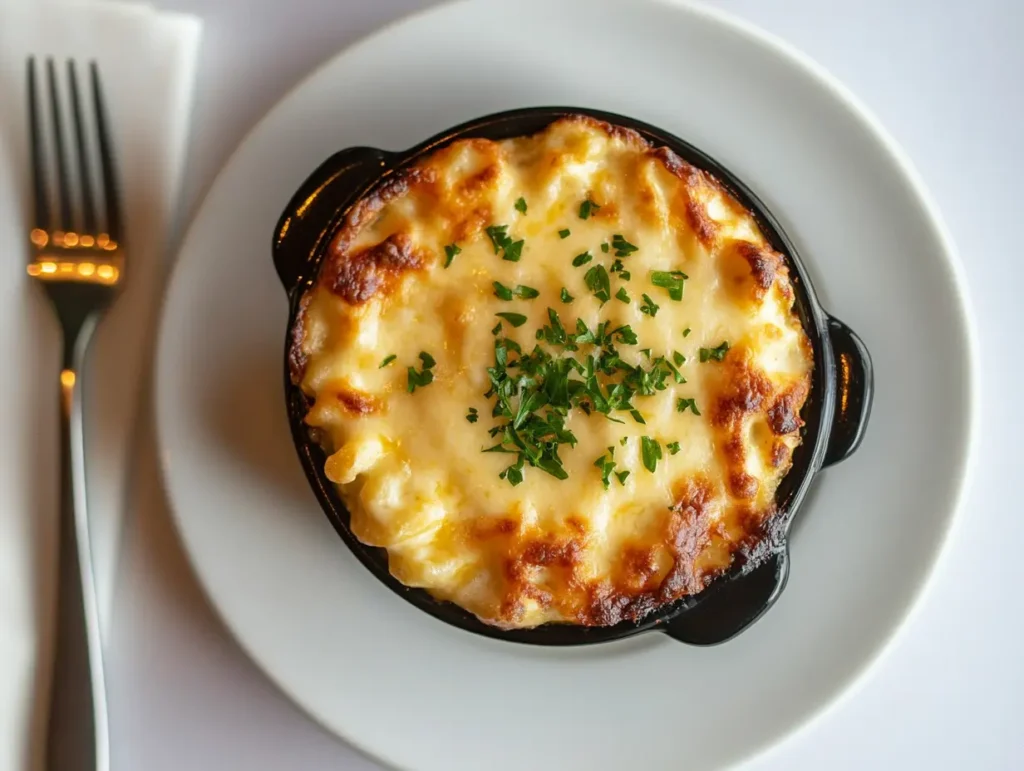 A plated serving of Tini’s mac and cheese showcasing its creamy interior and golden-broiled crust, garnished with fresh parsley.