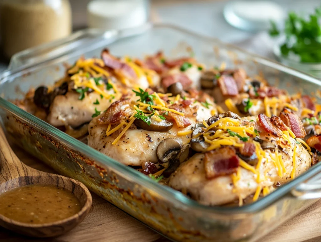  Chicken breasts in a glass baking dish topped with mushrooms, crispy bacon, and shredded cheese, ready to bake.