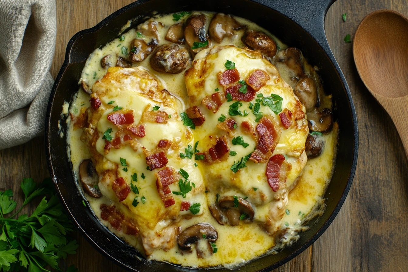 Close-up of Alice Springs Chicken in a cast-iron skillet with melted cheese, crispy bacon, sautéed mushrooms, and honey mustard sauce.