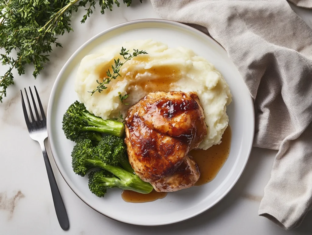 Plated Alice Springs Chicken with mashed potatoes, broccoli, and honey mustard sauce on a white plate.