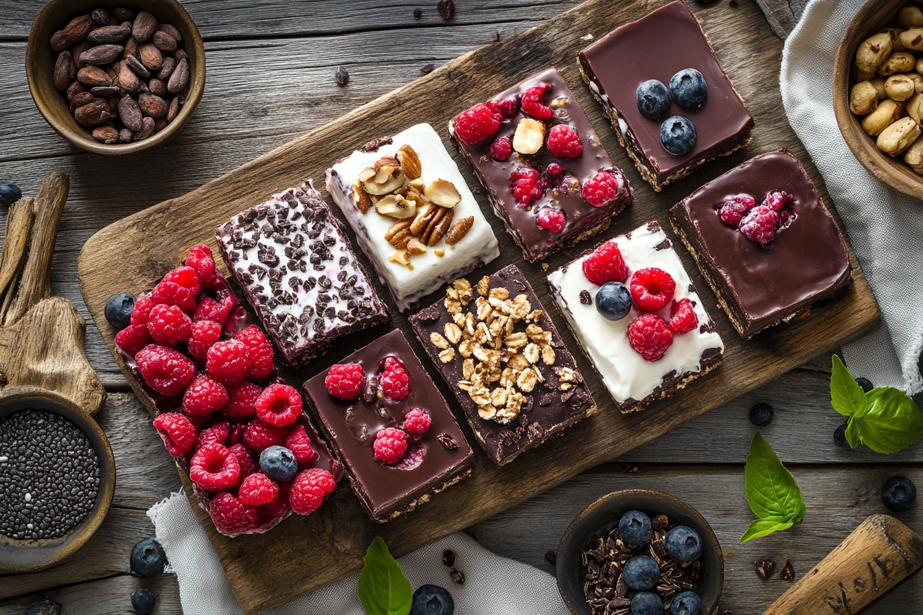 A close-up of various high-protein desserts, including chocolate mousse, chia pudding, and Greek yogurt bark, styled on a wooden board with fresh ingredients.