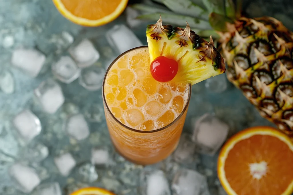 "Vibrant Bahama Mama cocktail in a hurricane glass with tropical fruits, rum, and garnishes."