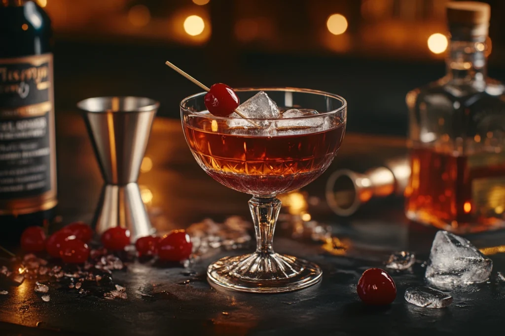 Black Manhattan cocktail in a coupe glass garnished with a Luxardo cherry, surrounded by cocktail tools and Averna Amaro bottle.