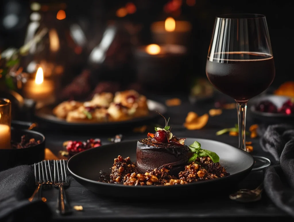 A Black Manhattan cocktail paired with a chocolate dessert and spicy appetizers on a moody dinner table.