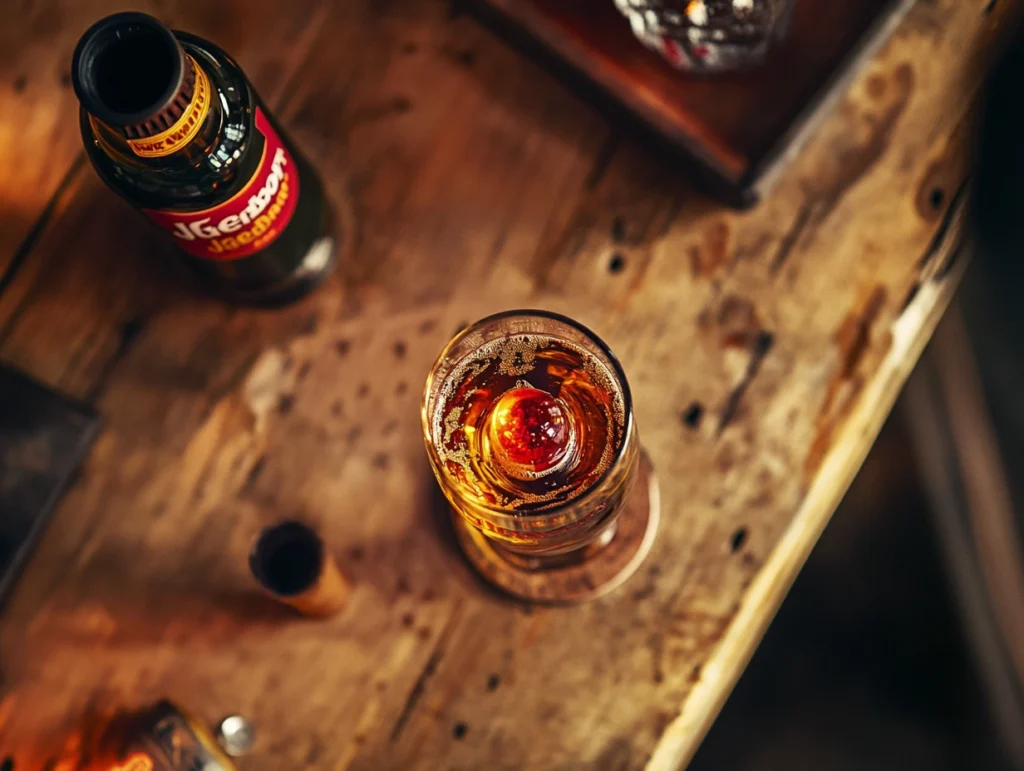 Overhead view of a Jäger Bomb with its ingredients, including a Jägermeister bottle and a Red Bull can, placed on a rustic bar top.