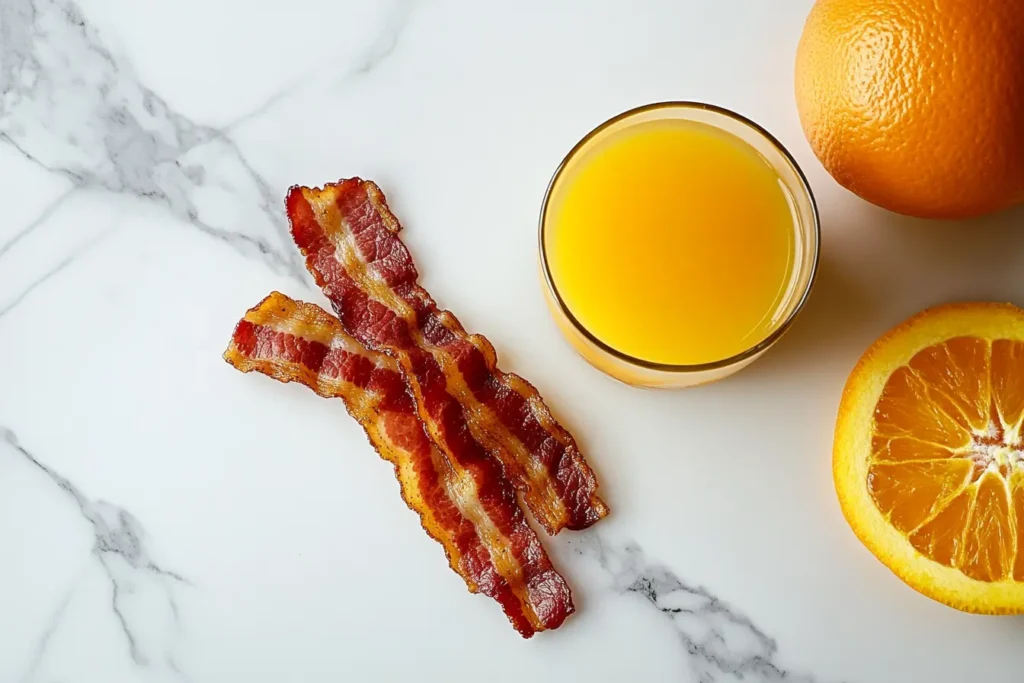 A close-up of a delicious breakfast shot cocktail, featuring whiskey and butterscotch schnapps, paired with fresh orange juice and garnished with crispy bacon.