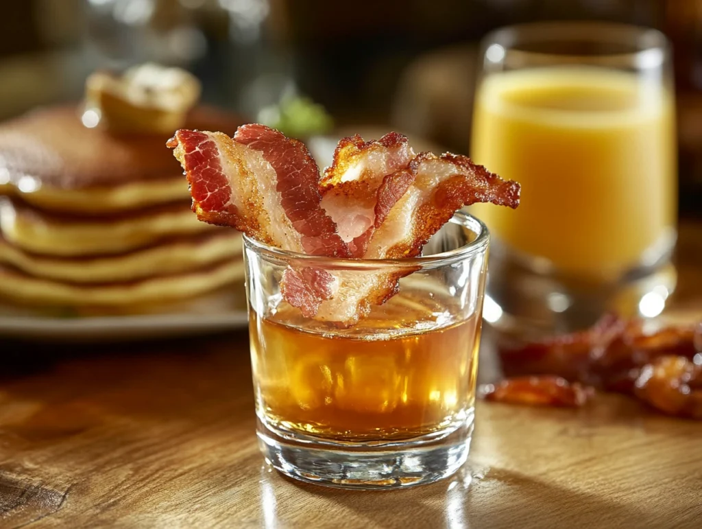 Breakfast shot with bacon garnish served alongside orange juice and pancakes.