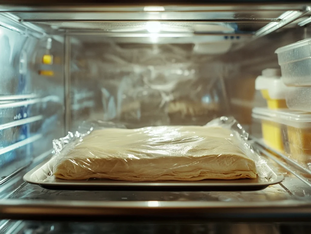 Puff pastry sheet placed on a tray in a refrigerator, wrapped in plastic for optimal chilling