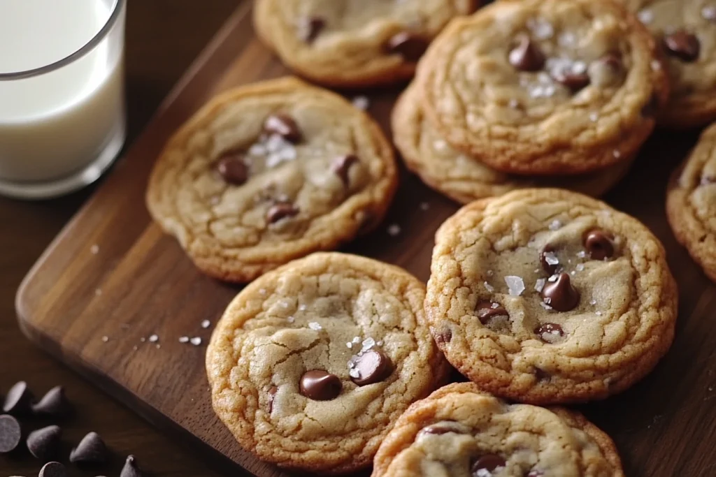 Chocolate chip cookies without brown sugar styled on a decorative platter with lavender sprigs and a handwritten gift tag, perfect for gifting.