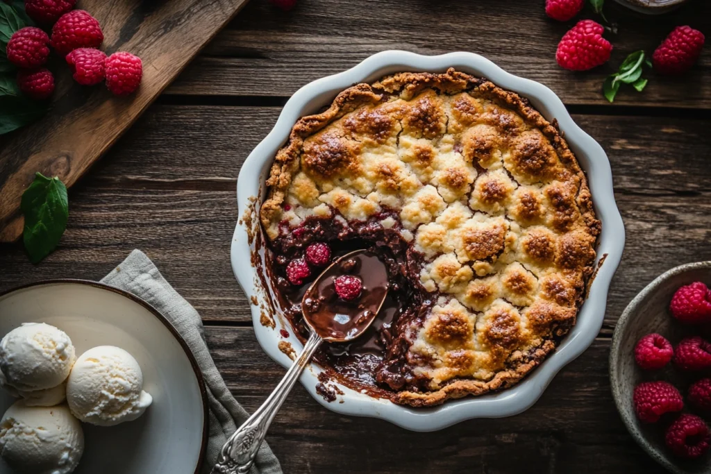 "Freshly baked chocolate cobbler in a white dish with a golden crust, gooey chocolate sauce, and a serving spoon, topped with vanilla ice cream and raspberries."