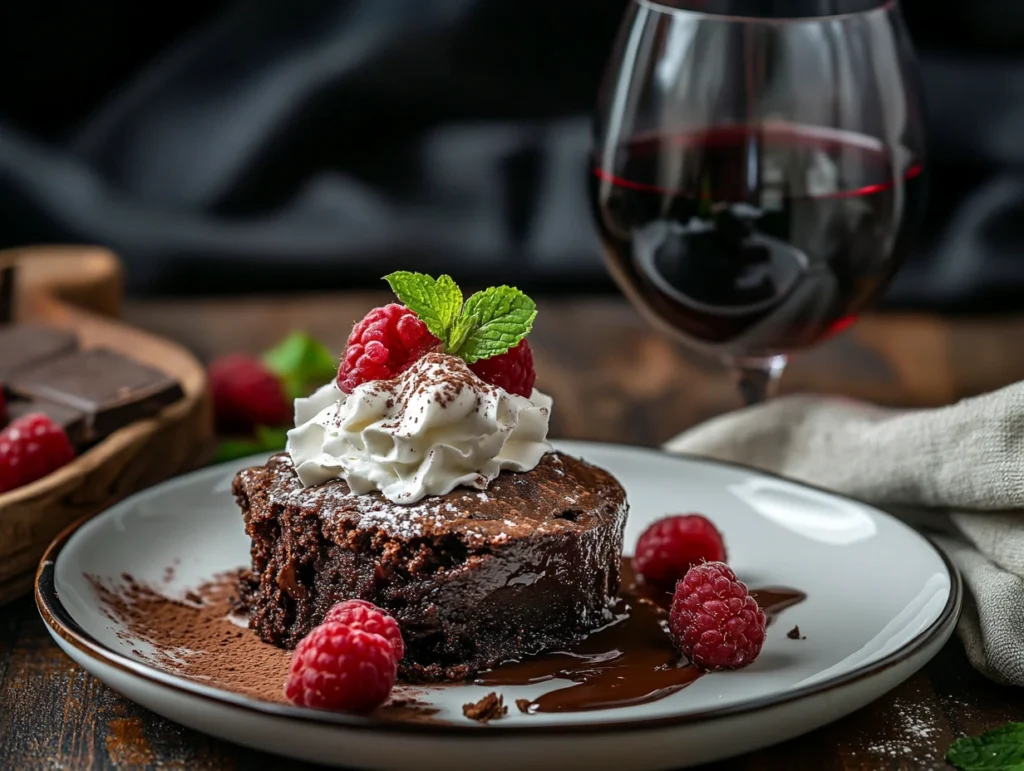 A plated serving of chocolate cobbler with whipped cream and raspberries, paired with a glass of red wine on a dark wooden table