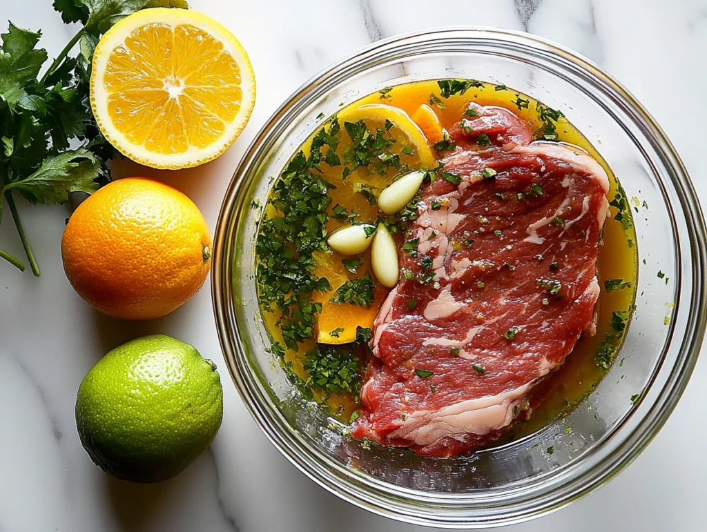 Citrus-garlic marinade in a bowl with lime slices, parsley, and a raw skirt steak ready to be marinated.