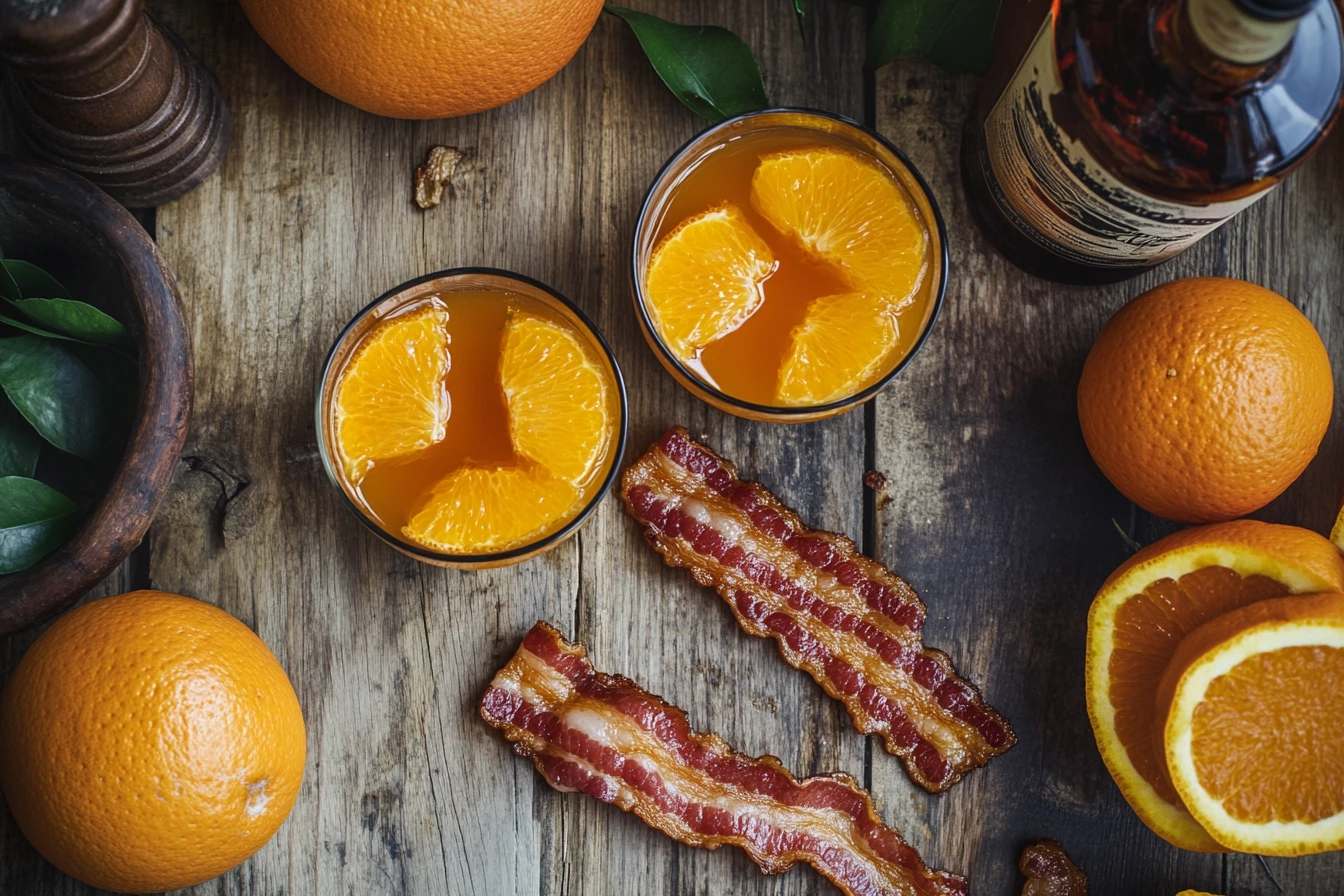 Breakfast shot with whiskey, butterscotch schnapps, and orange juice, garnished with bacon on a rustic table.