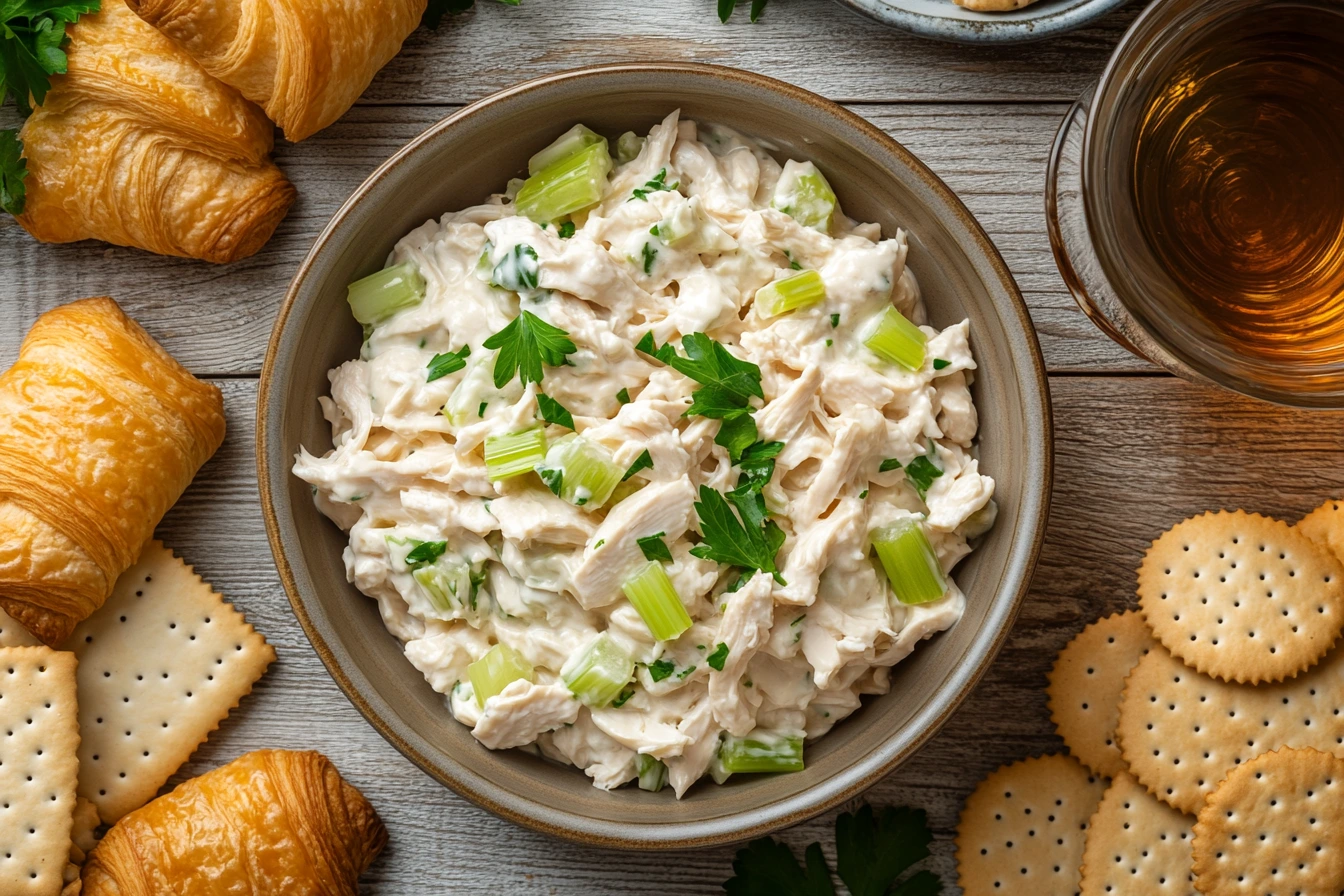 Overhead view of creamy chicken salad with croissants and crackers on a rustic table, garnished with parsley.