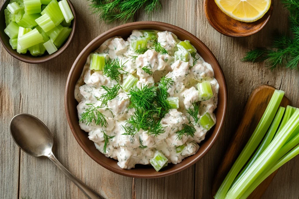 A classic chicken salad served in a bowl, garnished with fresh dill and parsley, surrounded by celery and lemon wedges on a wooden table.