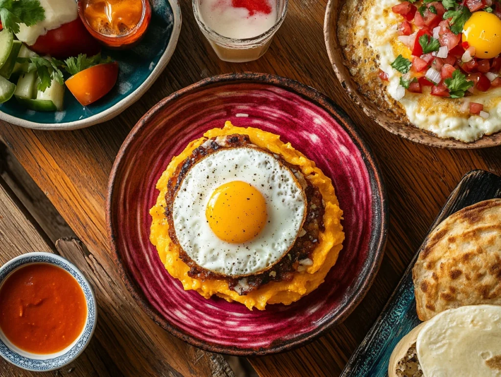 Overhead view of a coastal Colombian breakfast with cayeye, a fried egg, arepa de huevo, and a glass of aguapanela on a traditional table.