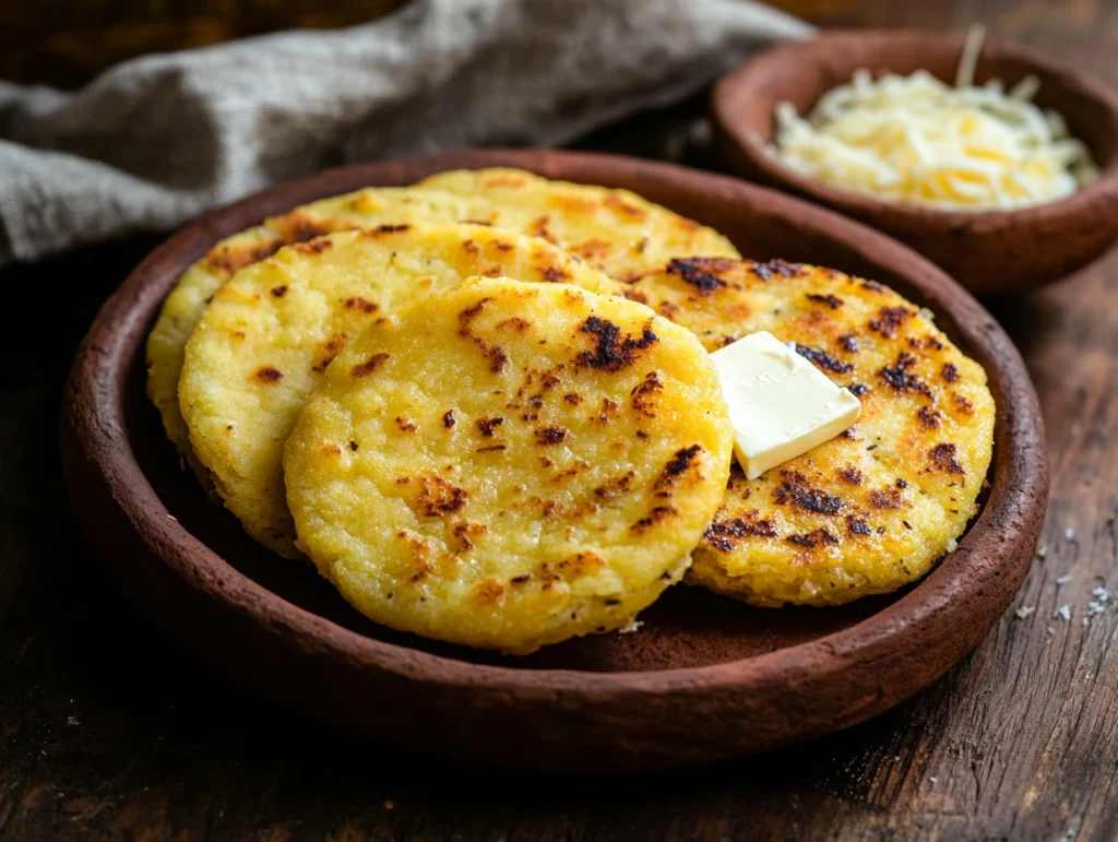 Close-up of golden arepas served with melted butter and grated cheese on a clay plate