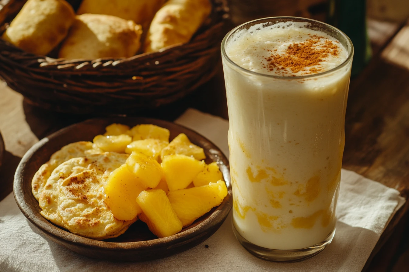 Traditional Colombian breakfast with Avena Colombiana, arepas, and tropical fruit on a rustic wooden table.