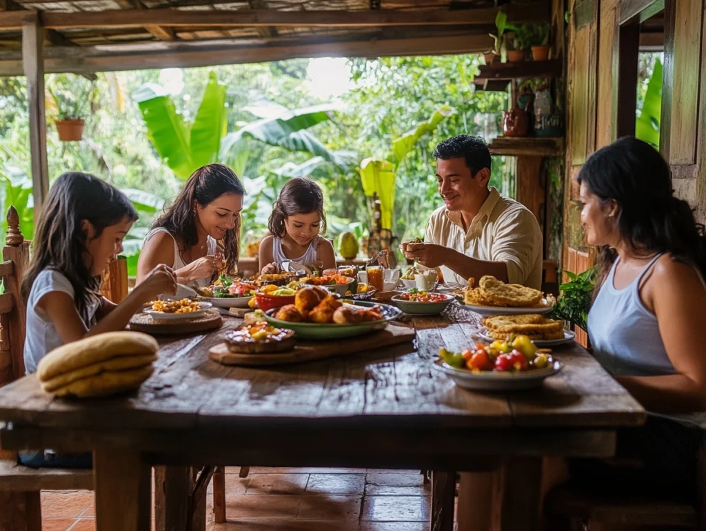 A Colombian family sharing breakfast with traditional dishes like caldo de costilla and arepas.