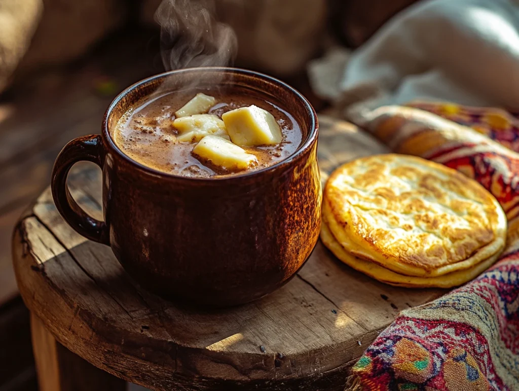 Colombian hot chocolate with cheese served in a ceramic mug alongside a golden arepa on a rustic table.