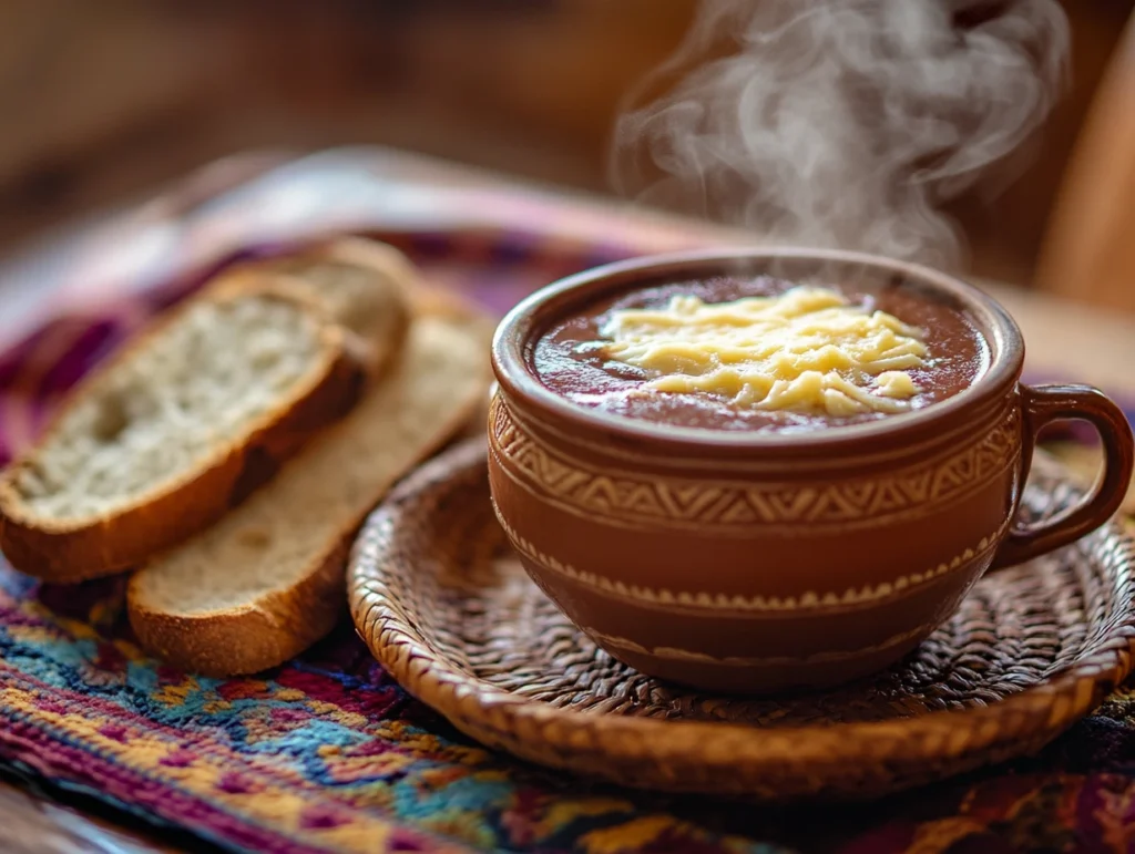 Hot chocolate with melted cheese served with slices of bread on a woven table mat