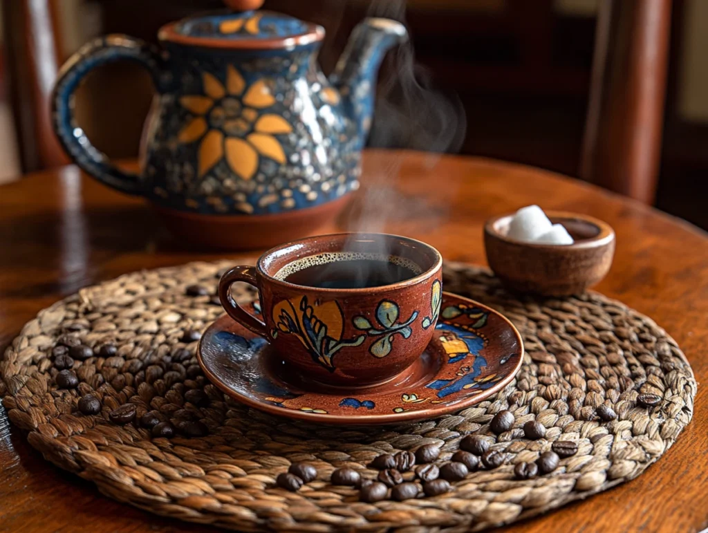 A steaming cup of Colombian tinto with a coffee pot and scattered coffee beans on a rustic wooden table