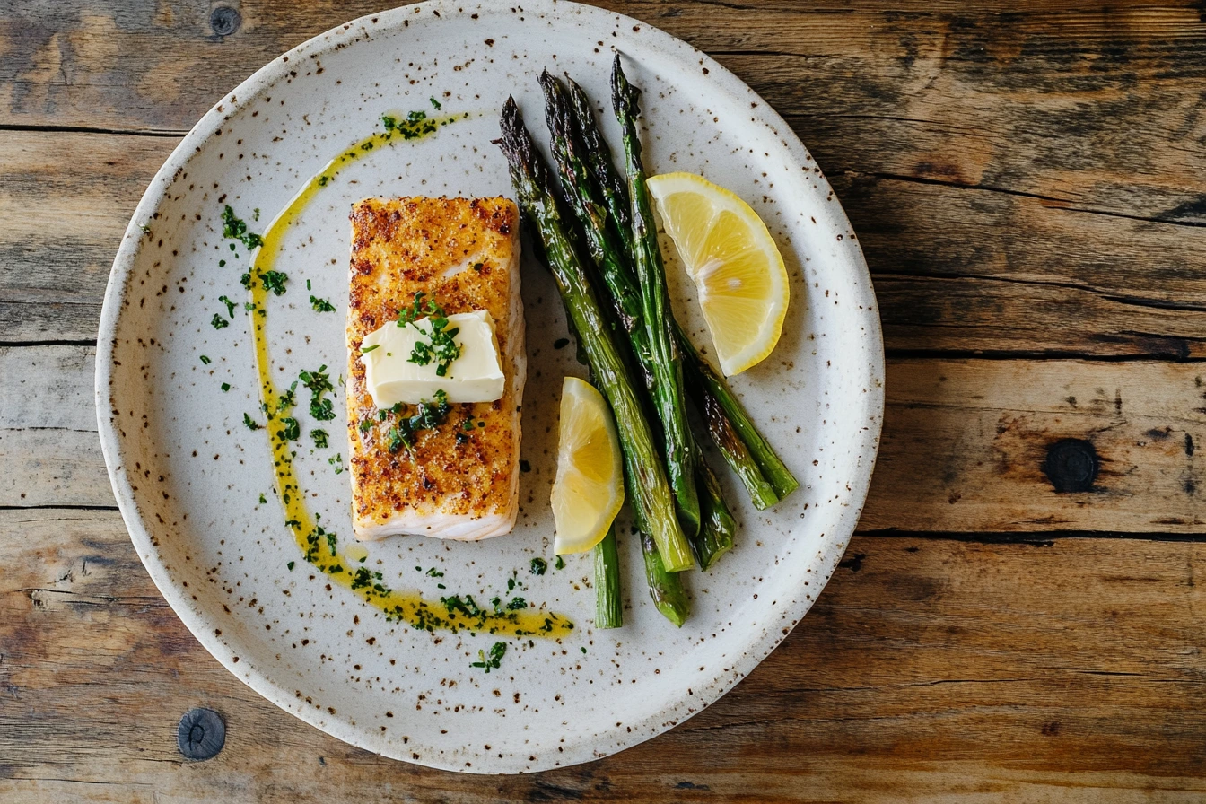 Cornmeal-crusted rockfish fillet with roasted asparagus and lemon wedges on a rustic white plate.