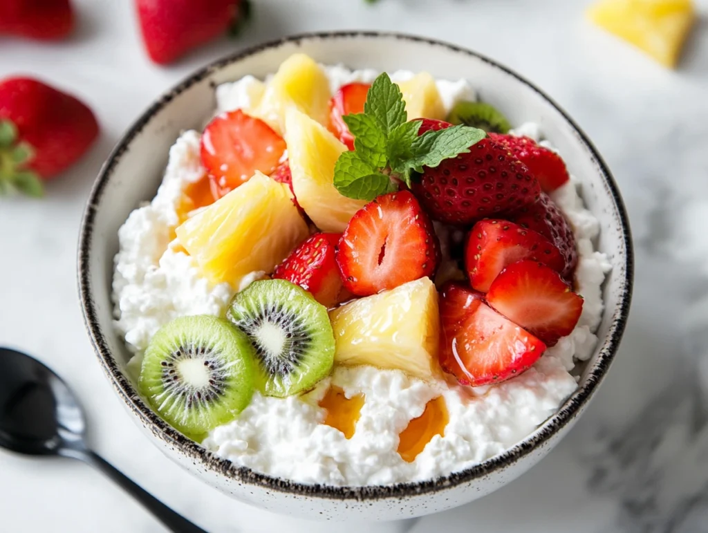 A bowl of cottage cheese topped with strawberries, pineapple, and kiwi on a marble counter.