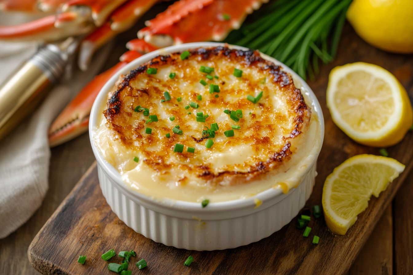 Close-up of a crab brûlée in a ramekin with caramelized sugar crust, garnished with chives and lemon zest.