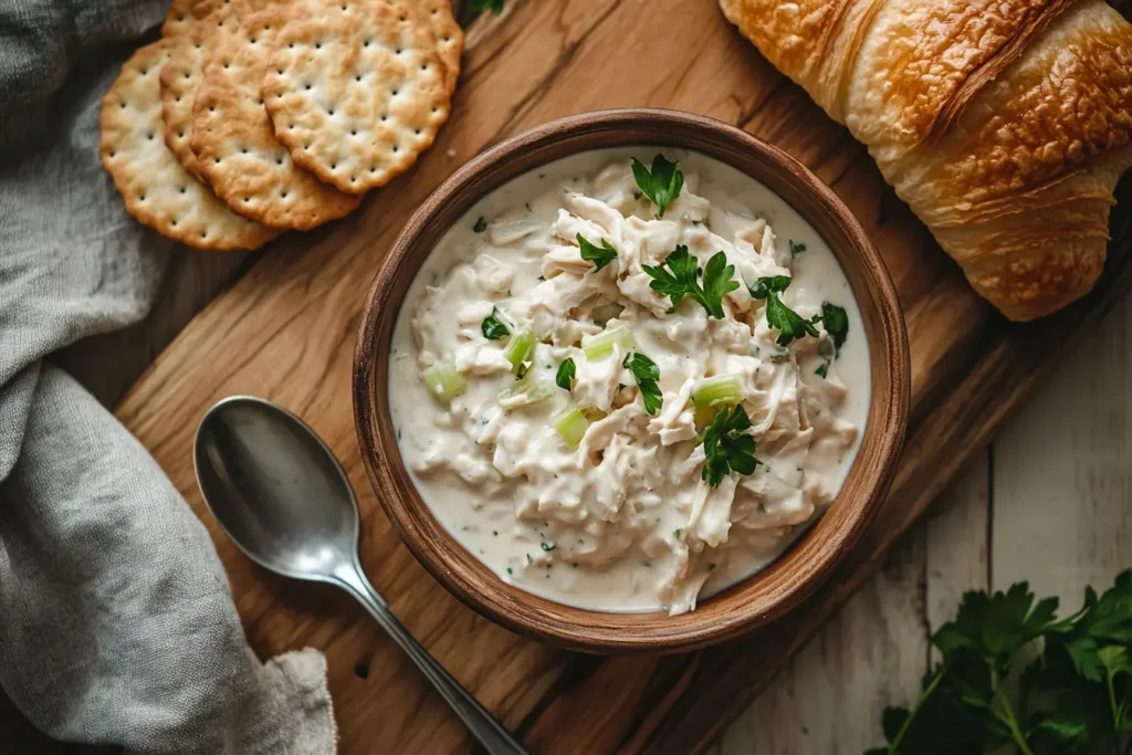 Bowl of creamy chicken salad garnished with parsley, served with crackers and croissant on a wooden cutting board.