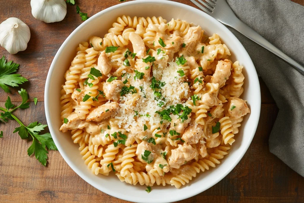 "Creamy Garlic Rotisserie Chicken Alfredo Pasta – A Comforting Family Meal"