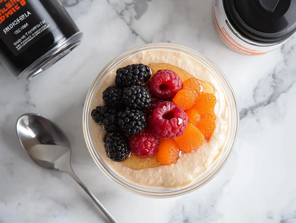 Glass bowl of creamy protein pudding topped with fresh berries and honey, placed on a marble countertop.