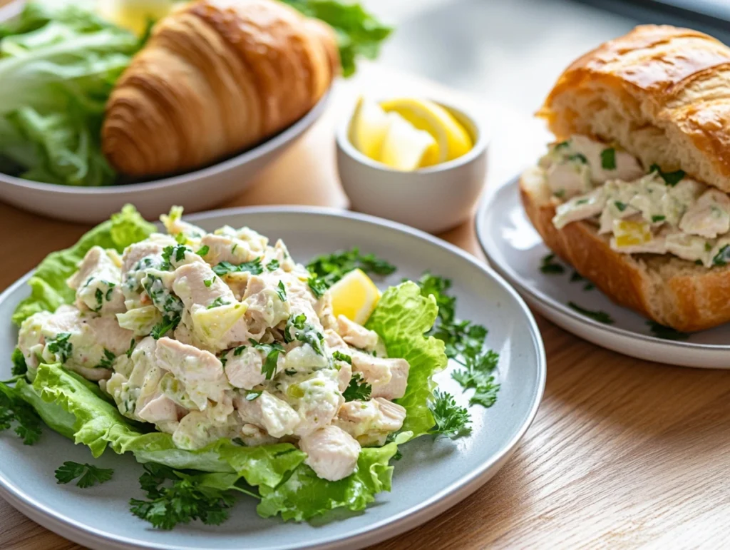  Chicken salad served three ways: inside a croissant sandwich, in lettuce cups, and over mixed greens, garnished with parsley and lemon wedges.