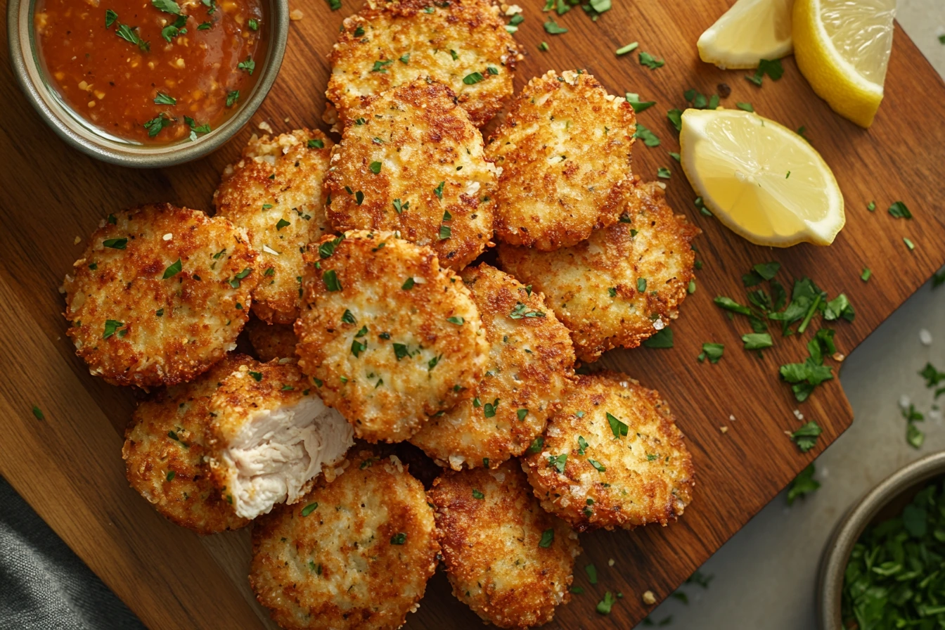 Golden crispy rotisserie chicken fritters with dipping sauce and lemon wedges, garnished with fresh parsley.