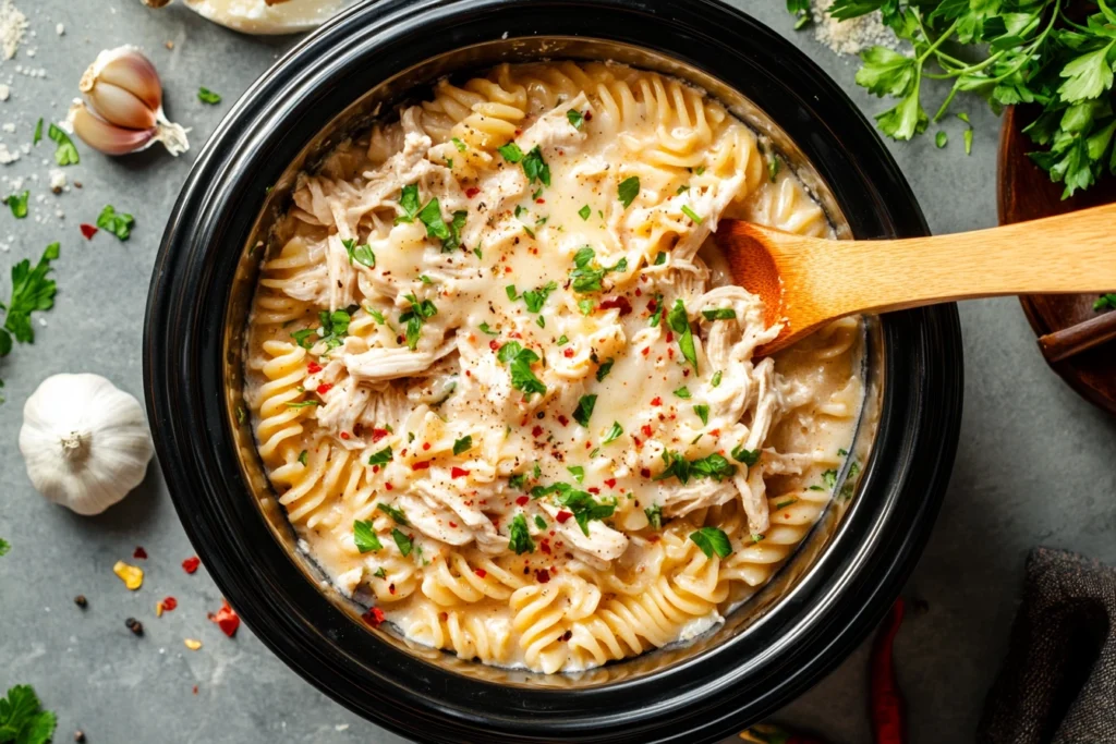 Overhead view of creamy garlic parmesan chicken pasta in a crockpot, garnished with parsley and surrounded by fresh garlic and parmesan cheese.