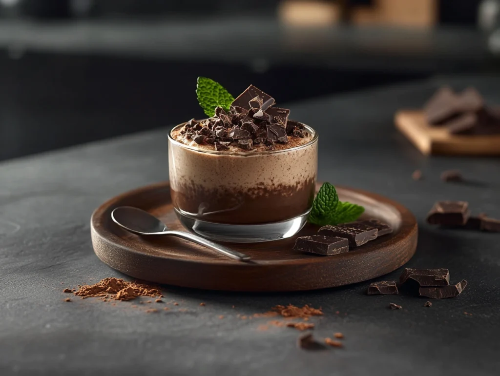 A decadent high-protein chocolate mousse garnished with dark chocolate shavings and mint leaves, served in a glass.