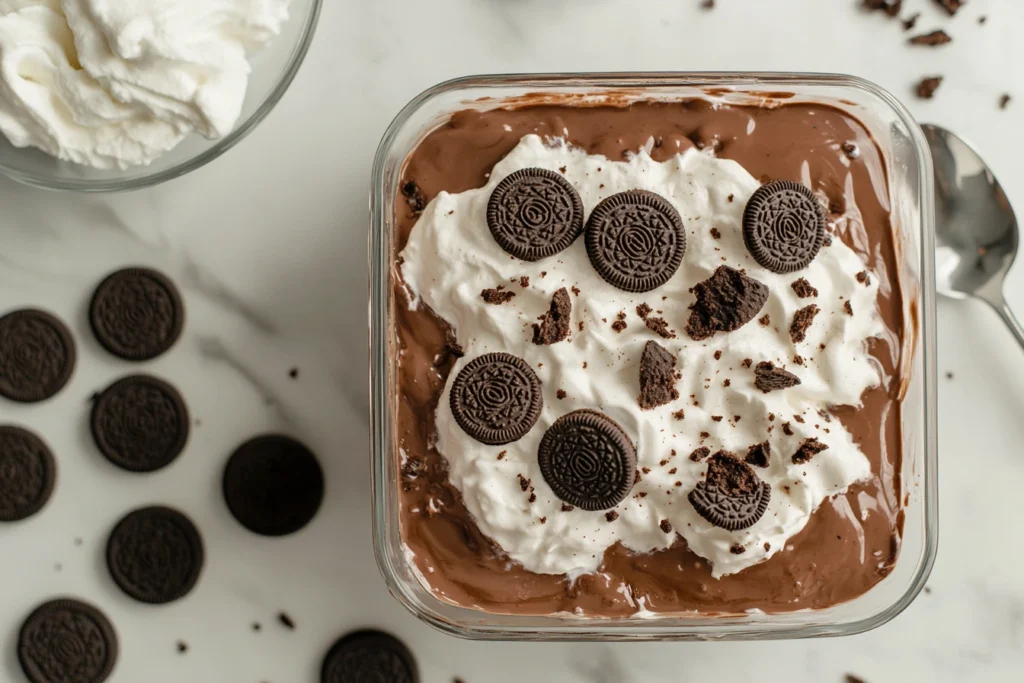 Close-up of a no-bake layered Oreo dessert in a glass dish, showing chocolate pudding, cream cheese filling, whipped topping, and Oreo crumbles, placed on a marble kitchen counter.