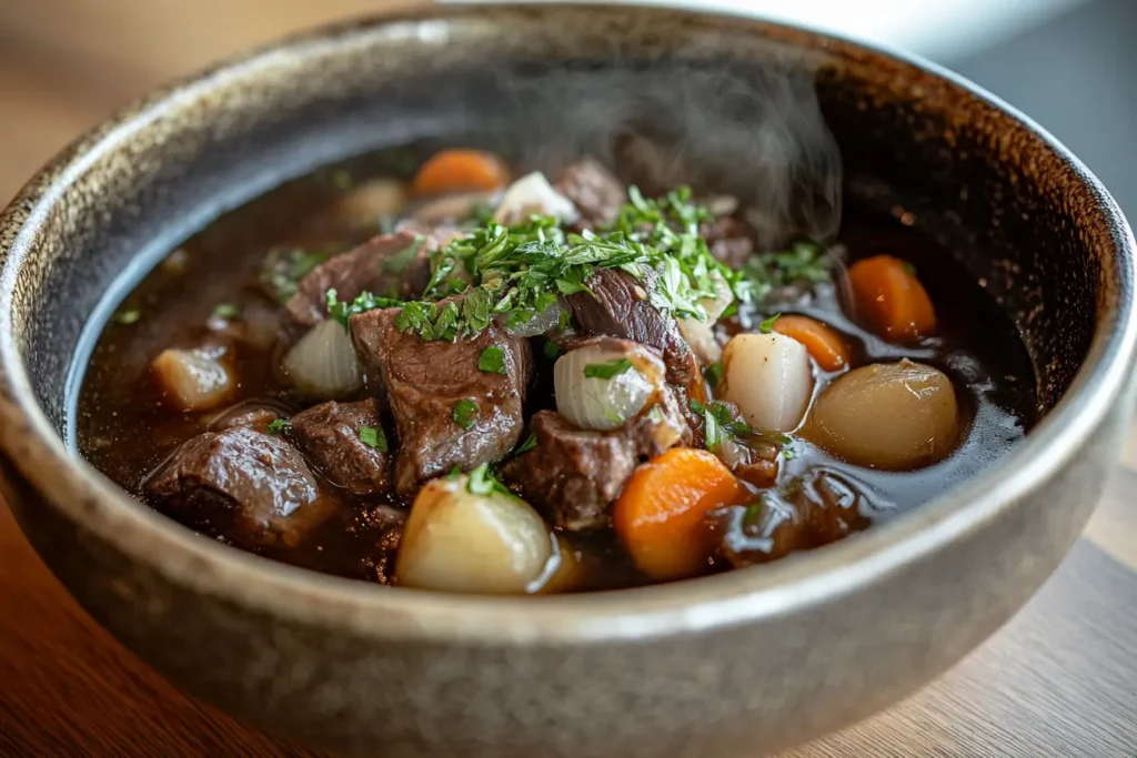 "Beef heart stew in a rustic bowl with tender chunks of beef heart, carrots, potatoes, and herbs, served in a rich broth."