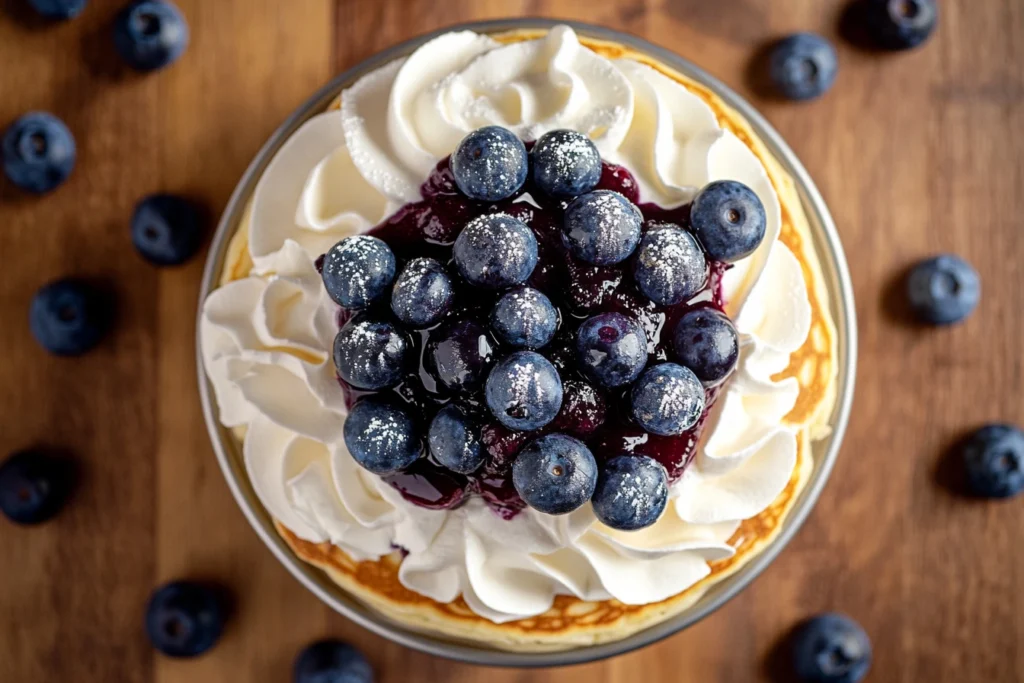 Blueberry compote poured over pancakes with fresh blueberries and whipped cream.