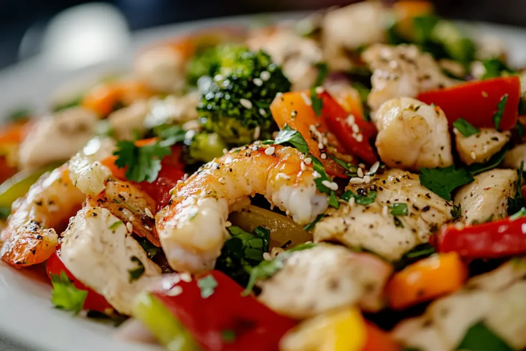 Chicken and shrimp stir-fry with colorful vegetables and fresh herbs, served on a white plate with a bright kitchen background.