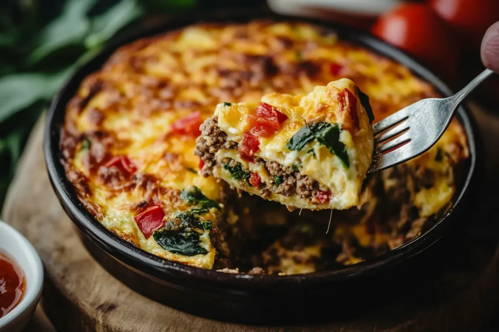 "Ground beef breakfast casserole with cheese, eggs, and vegetables served in a rustic dish, garnished with salsa and fresh greens."