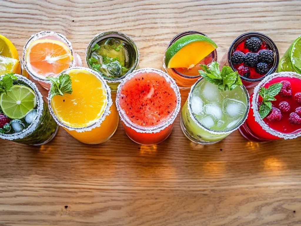 A variety of Skinny Margarita variations with spicy, berry, and citrus flavors, garnished with fresh fruits and herbs.