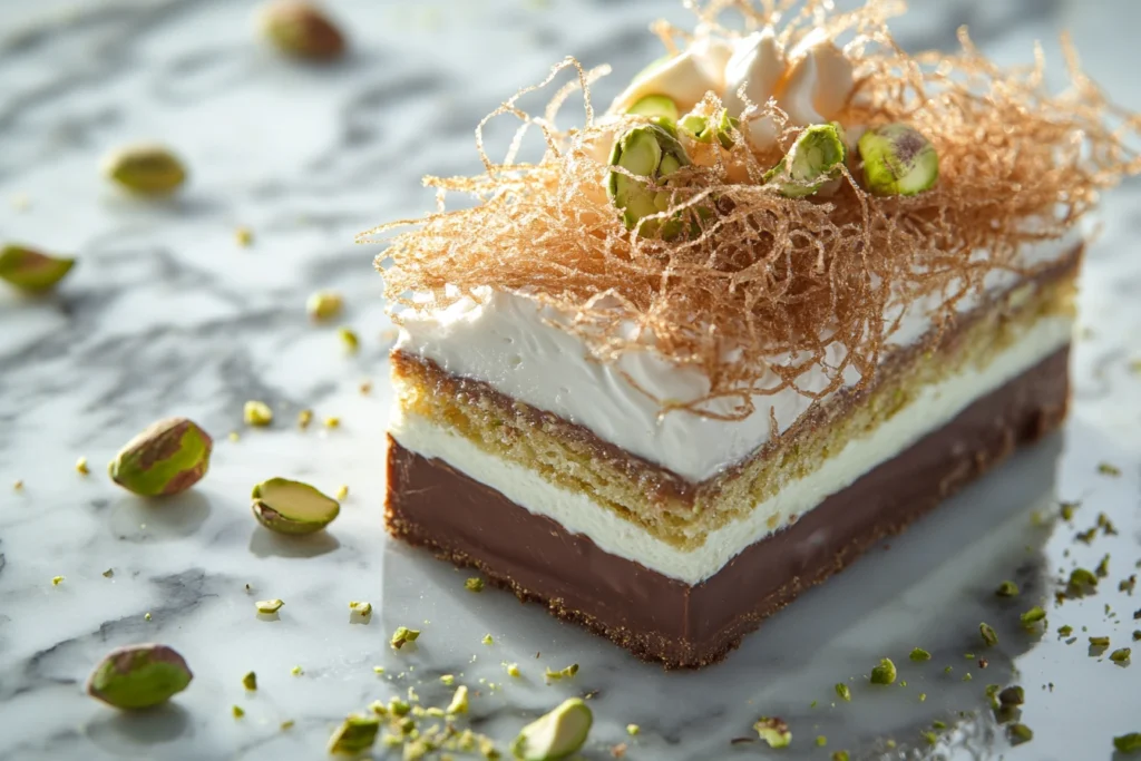 Close-up of a Dubai Chocolate Bar with layers of creamy milk chocolate, crispy kataifi, and pistachio cream, placed on a marble surface, evoking a luxurious dessert experience.